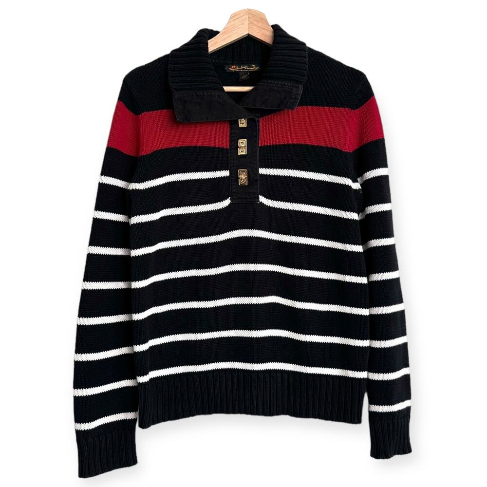 Vintage Lauren Ralph Lauren Striped Cotton Sweater Turn Lock Buttons Women's L